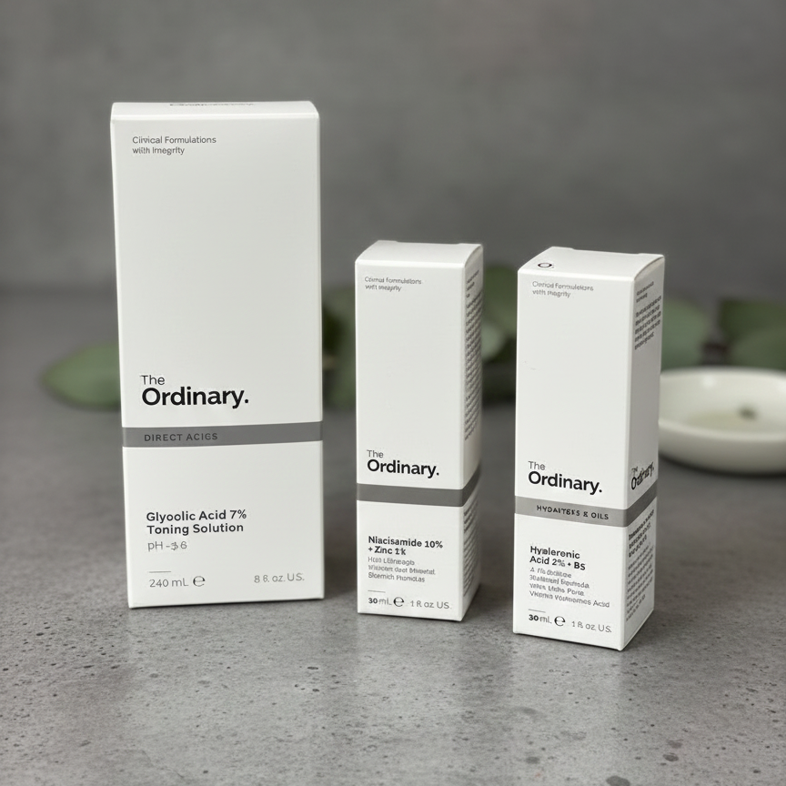The Ordinary Essentials Collection: Glycolic Acid 7% Toning Solution, Niacinamide 10% + Zinc 1%, and Hyaluronic Acid 2% + B5 Hydration Set