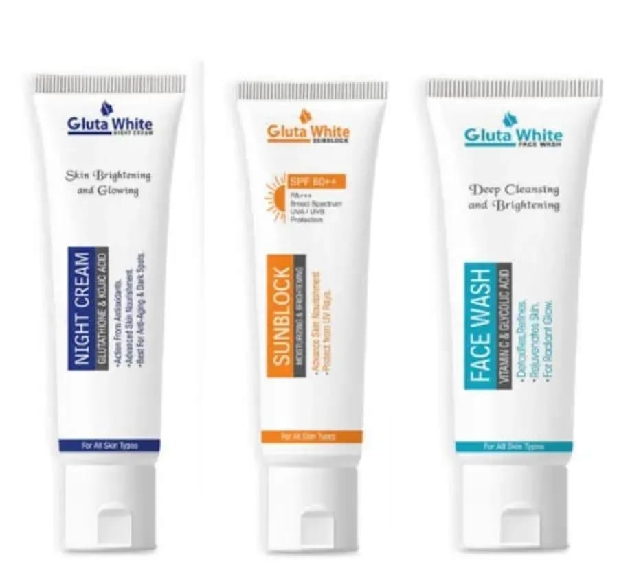 Gluta White Complete 3-in-1 Skin Brightening System – Includes Vitamin C & Glycolic Acid Face Wash, SPF 60++ Sunblock, and Advanced Night Cream for Radiance & Anti-Aging