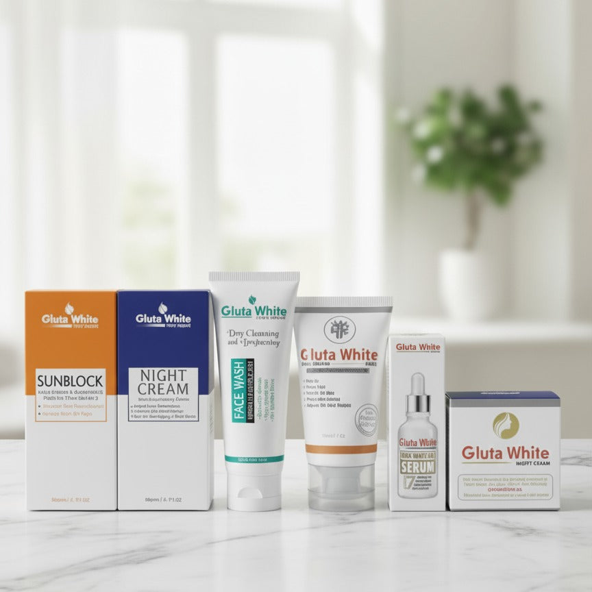 6 In 1 Gluta White Complete Skincare Set With Sunblock Night Cream Face Wash Day Cream Serum And Bright Cream